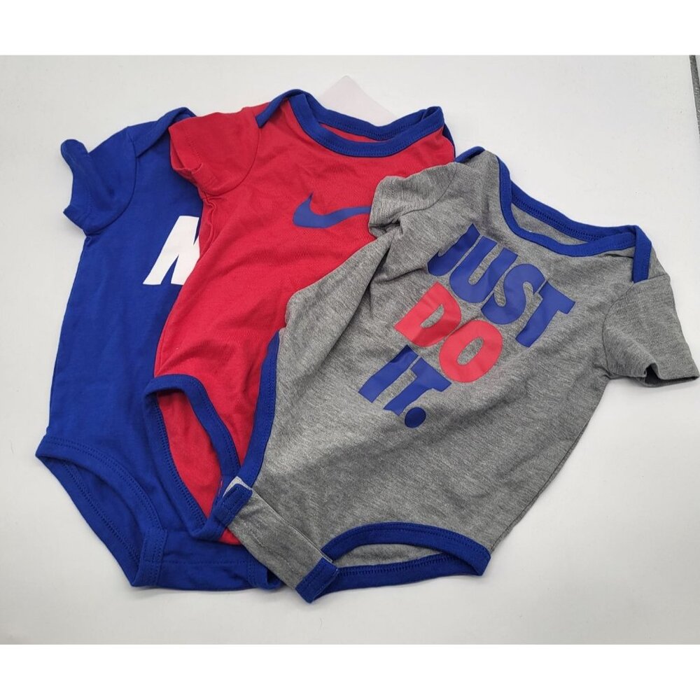 NIKE Baby 6M Set of 3 Game Royal One Piece Bodysuits Red Blue Gray Swoosh NWT
